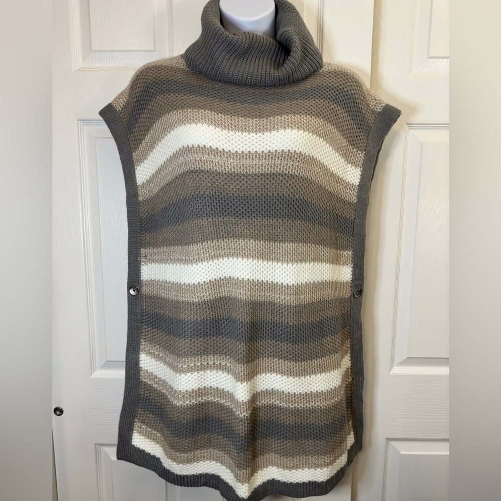 Calvin Klein Striped Sweater Tunic Silver Side Button Poncho - One Size (XXL)